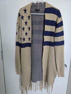 Evolution Beige and Navy Star-Stripe Open Cardigan with Fringe